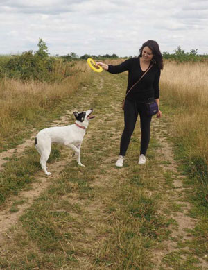 Lisa Sinnott walking a dog playing with a frisbee