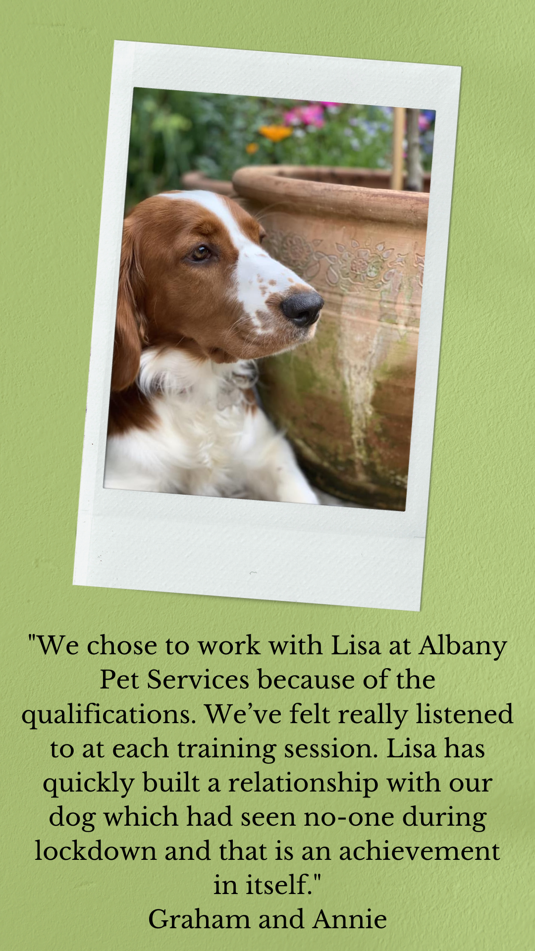 "We chose to work with Lisa at Albany Pet Services because of the qualifications. We’ve felt really listened to at each training session. Lisa has quickly built a relationship with our dog which had seen no-one during lockdown and that is an achievement in itself." Graham and Annie